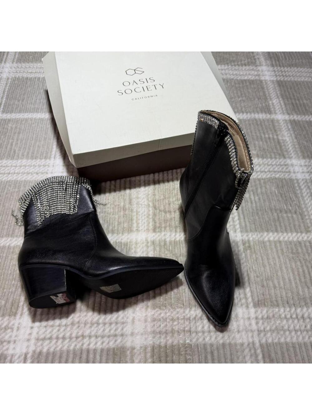 Oasis society black leather ankle boots with silver fringe size 6.5